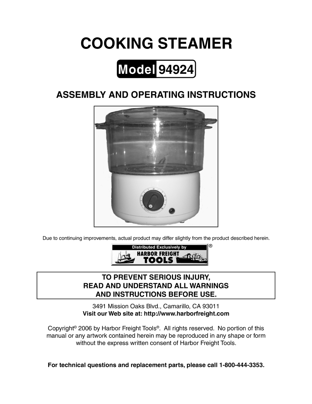 Harbor Freight Tools 94924 manual Cooking Steamer 