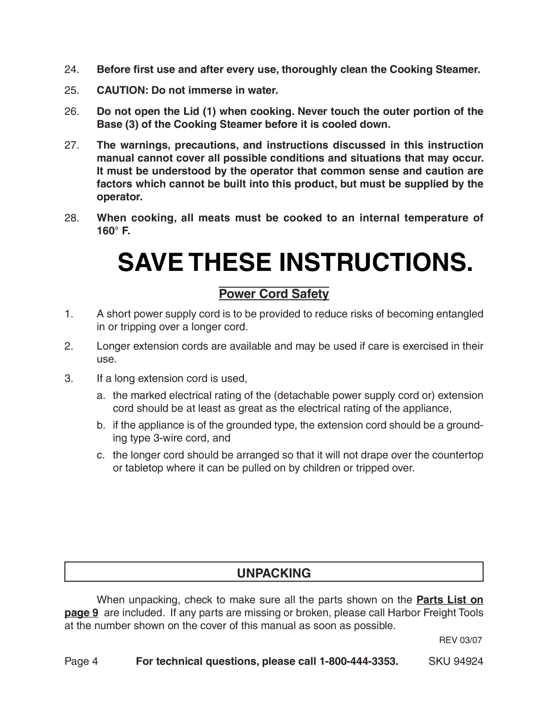 Harbor Freight Tools 94924 manual Power Cord Safety, Unpacking 