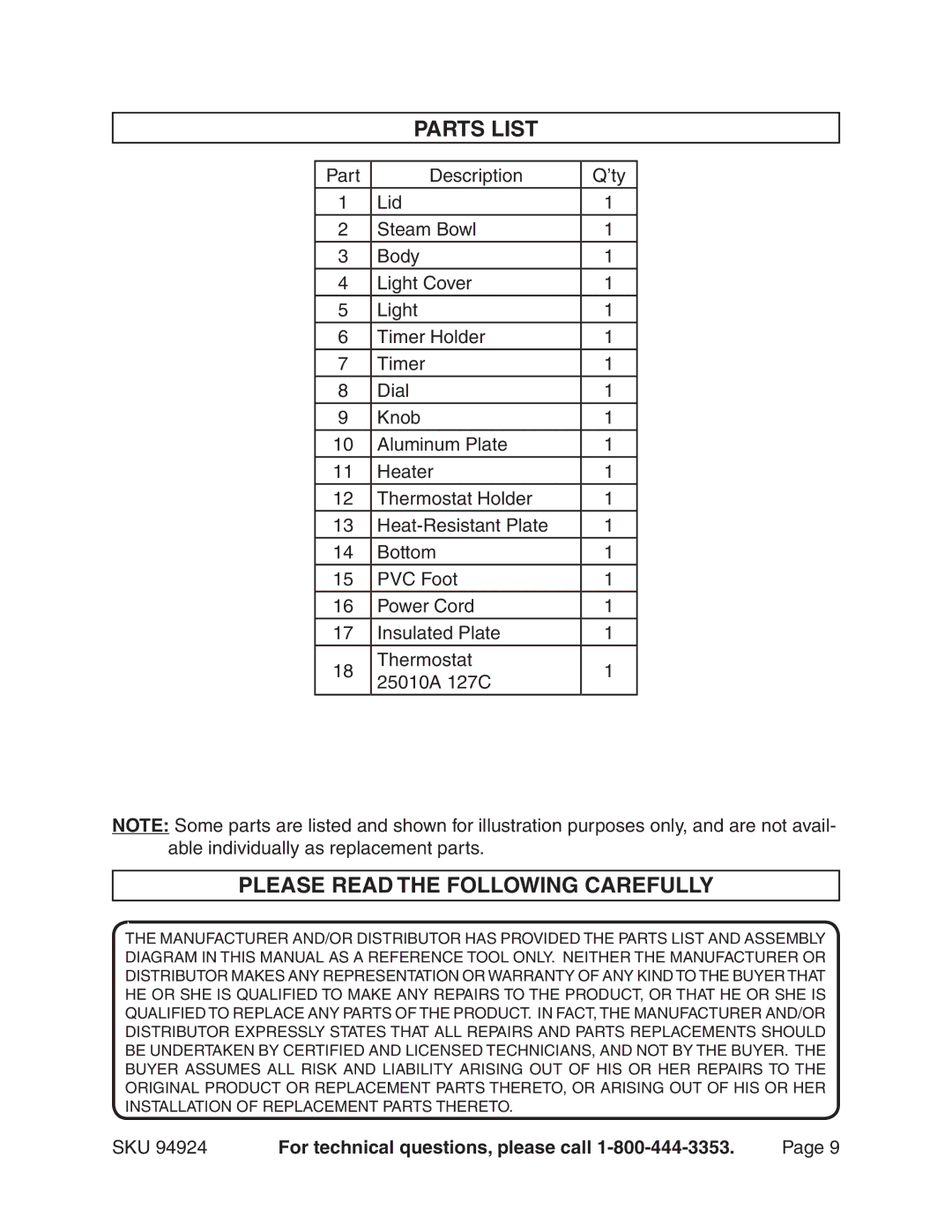 Harbor Freight Tools 94924 manual Parts List, Please Read the Following Carefully 