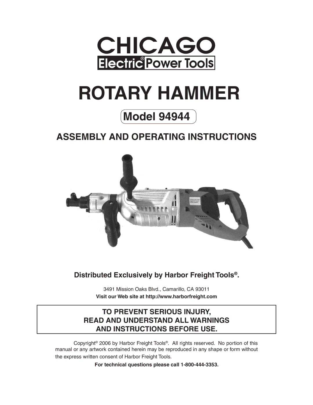 Harbor Freight Tools 94944 operating instructions Rotary Hammer 