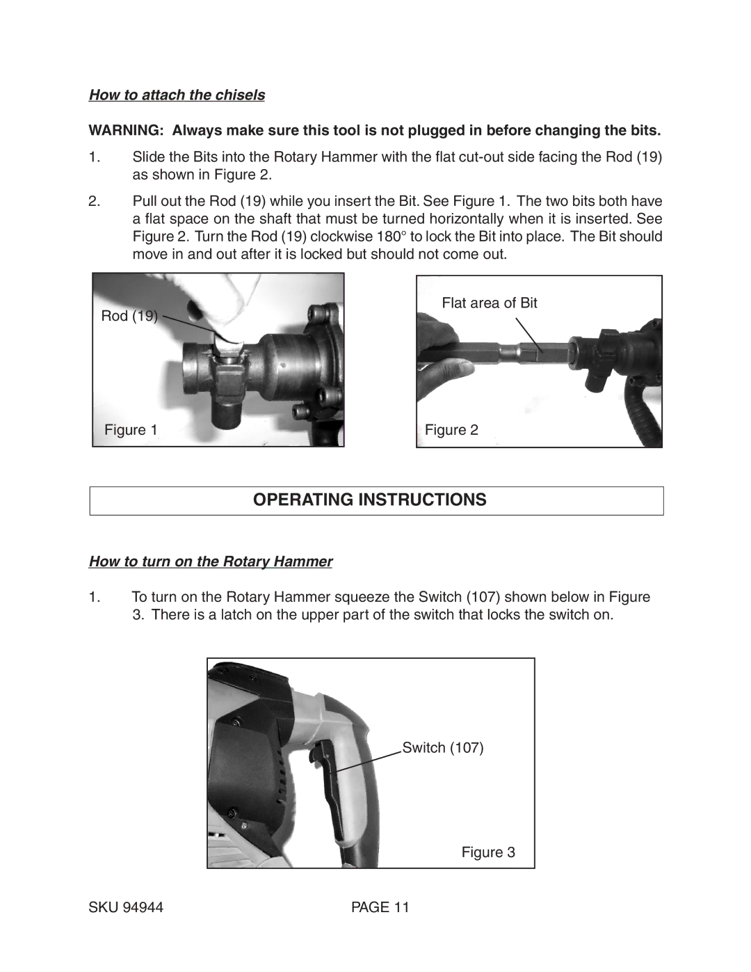 Harbor Freight Tools 94944 Operating Instructions, How to attach the chisels, How to turn on the Rotary Hammer 