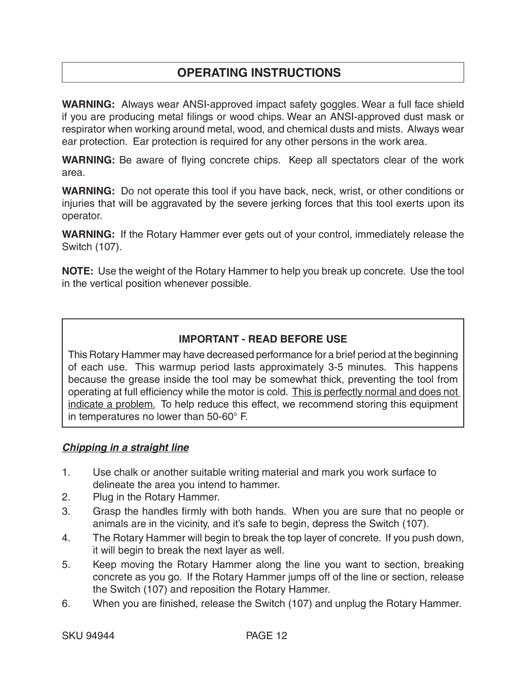 Harbor Freight Tools 94944 operating instructions Important Read before use, Chipping in a straight line 