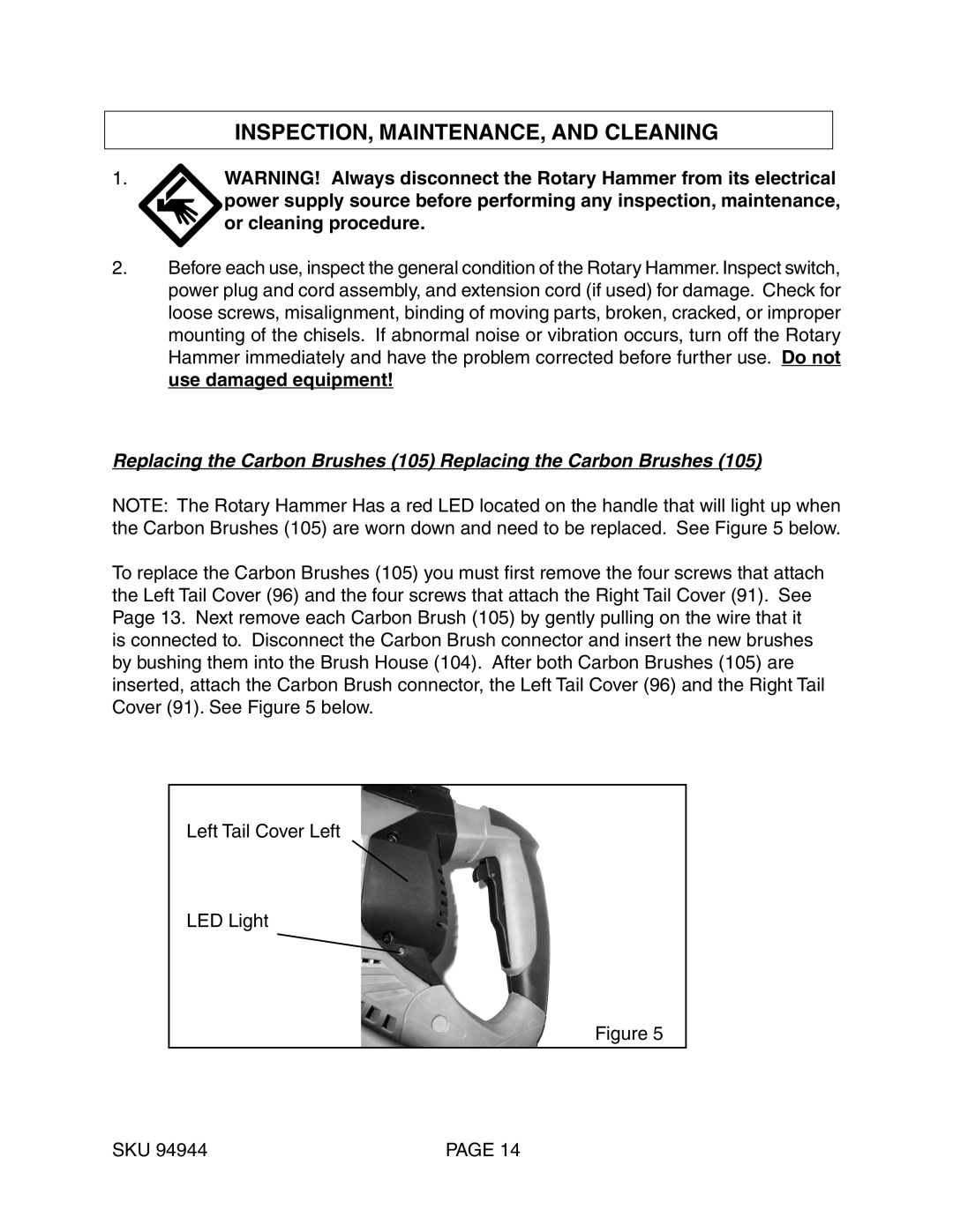 Harbor Freight Tools 94944 operating instructions INSPECTION, MAINTENANCE, and Cleaning 