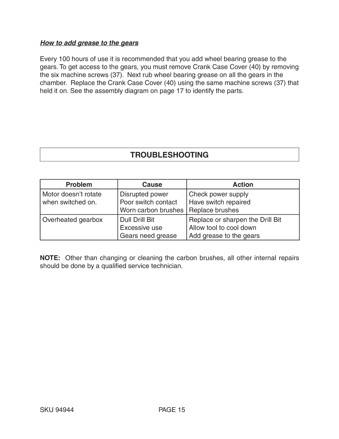 Harbor Freight Tools 94944 operating instructions Troubleshooting, How to add grease to the gears, Problem Cause Action 