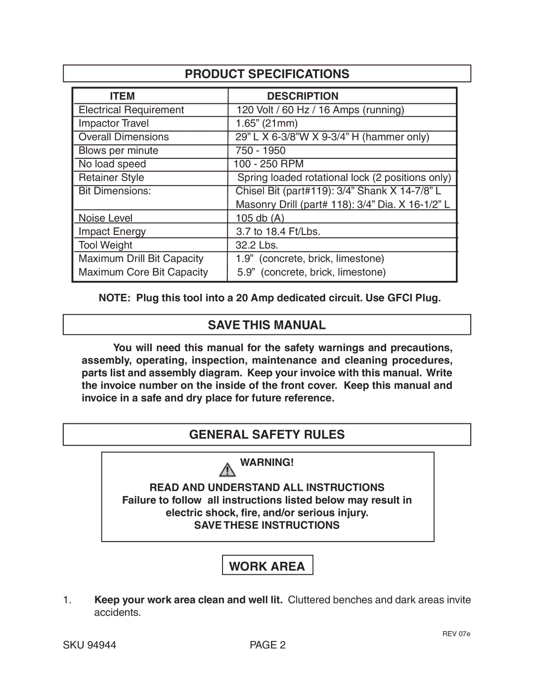 Harbor Freight Tools 94944 operating instructions Product Specifications, Save this Manual, General Safety Rules, Work Area 