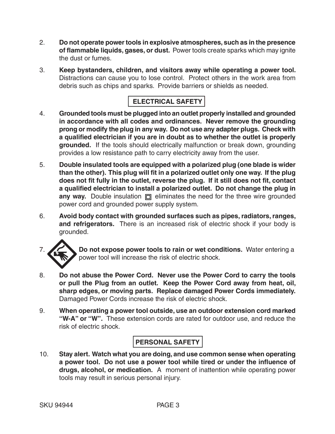 Harbor Freight Tools 94944 operating instructions Electrical Safety, Personal Safety 