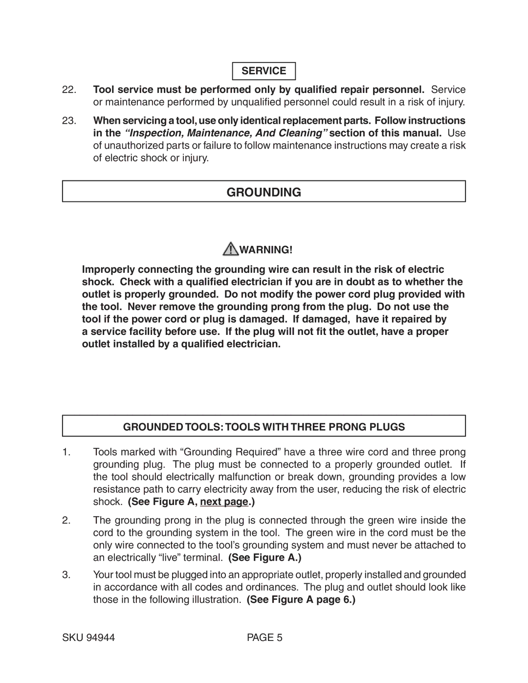 Harbor Freight Tools 94944 operating instructions Grounding, Service, Grounded Tools Tools with Three Prong Plugs 