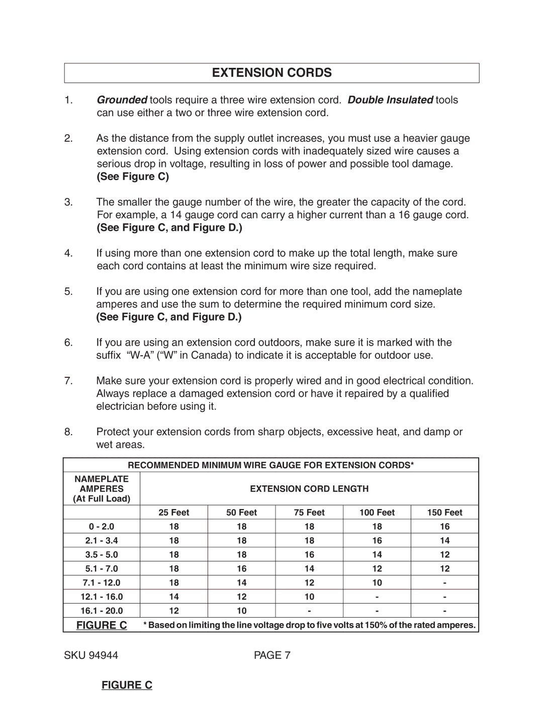 Harbor Freight Tools 94944 operating instructions Extension Cords, See Figure C, and Figure D 