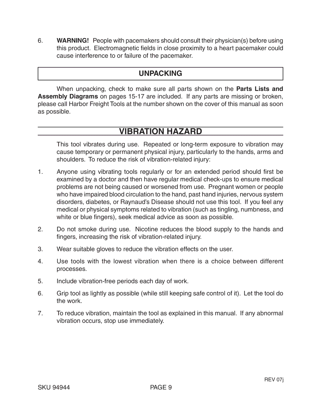 Harbor Freight Tools 94944 operating instructions Vibration Hazard, Unpacking 