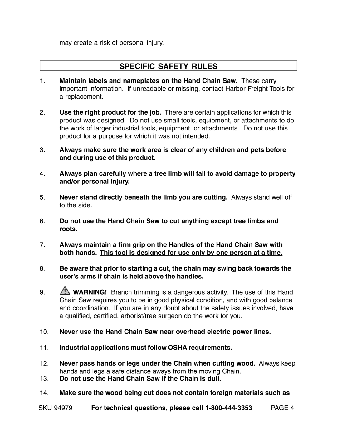 Harbor Freight Tools 94979 manual Specific Safety Rules 