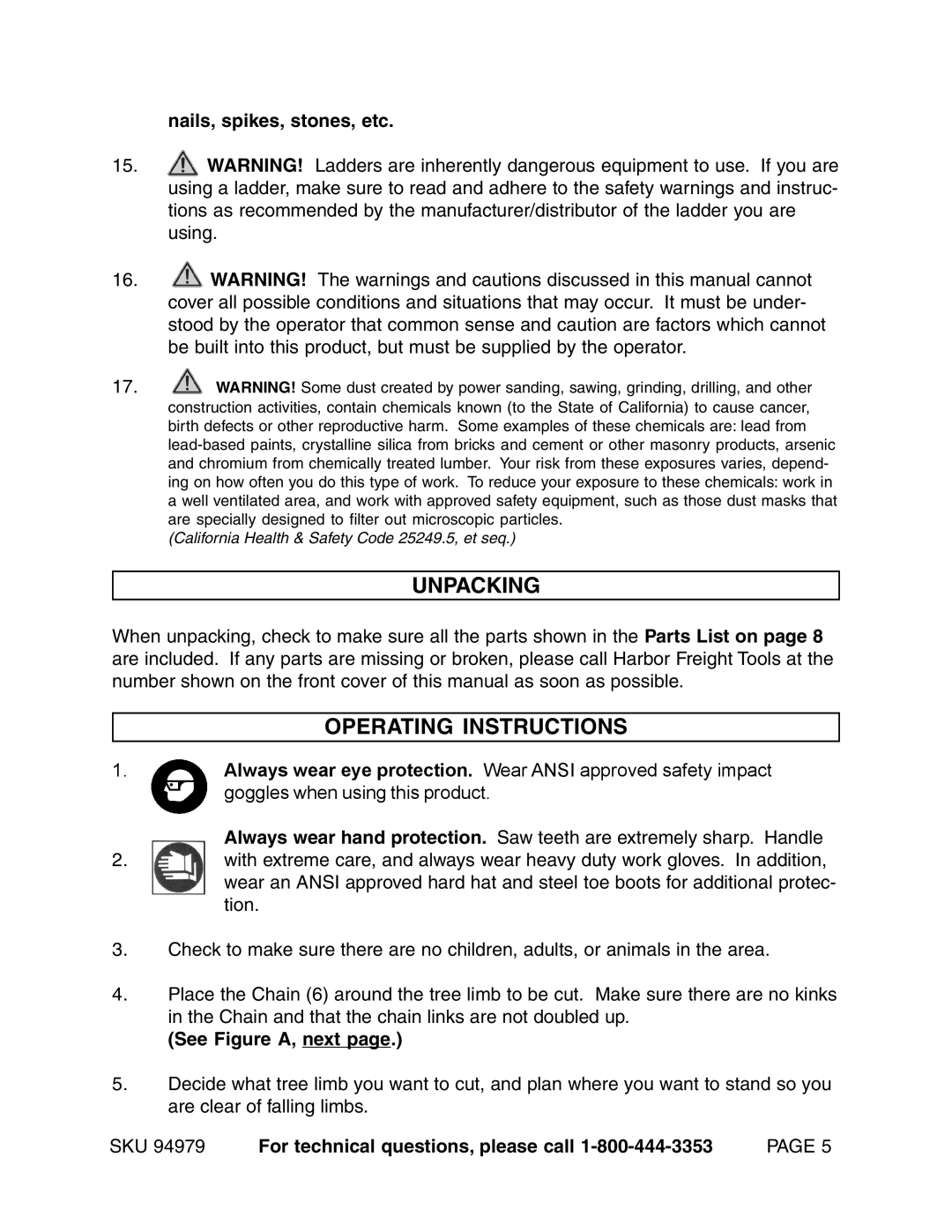 Harbor Freight Tools 94979 manual Unpacking, Operating Instructions, Nails, spikes, stones, etc, See Figure A, next 