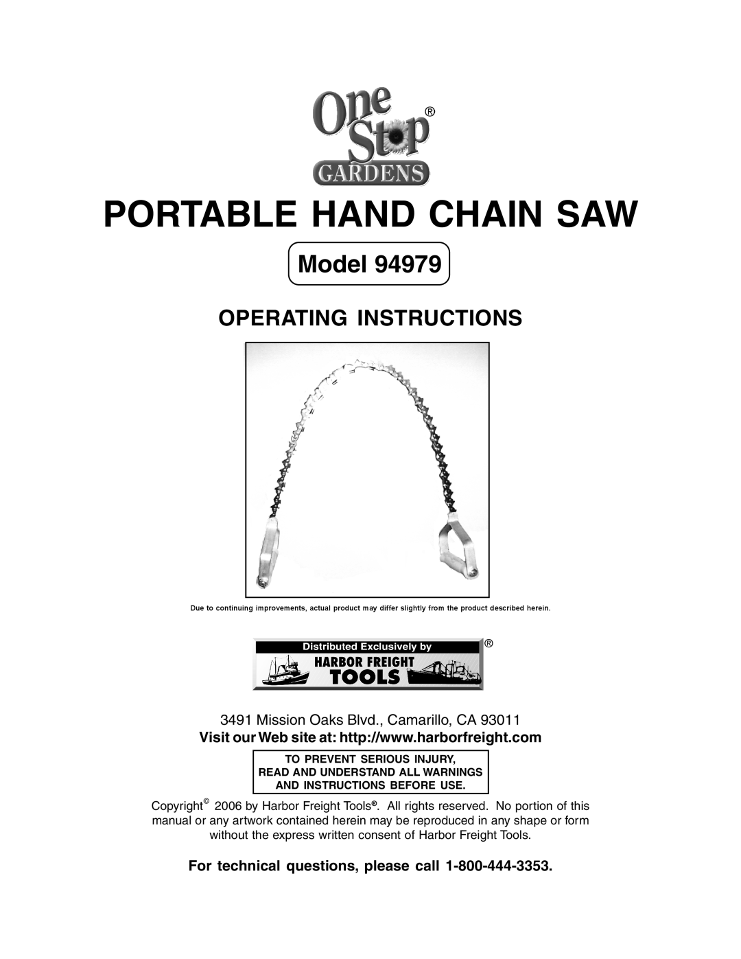 Harbor Freight Tools 94979 manual For technical questions, please call, Portable Hand Chain Saw, Model 