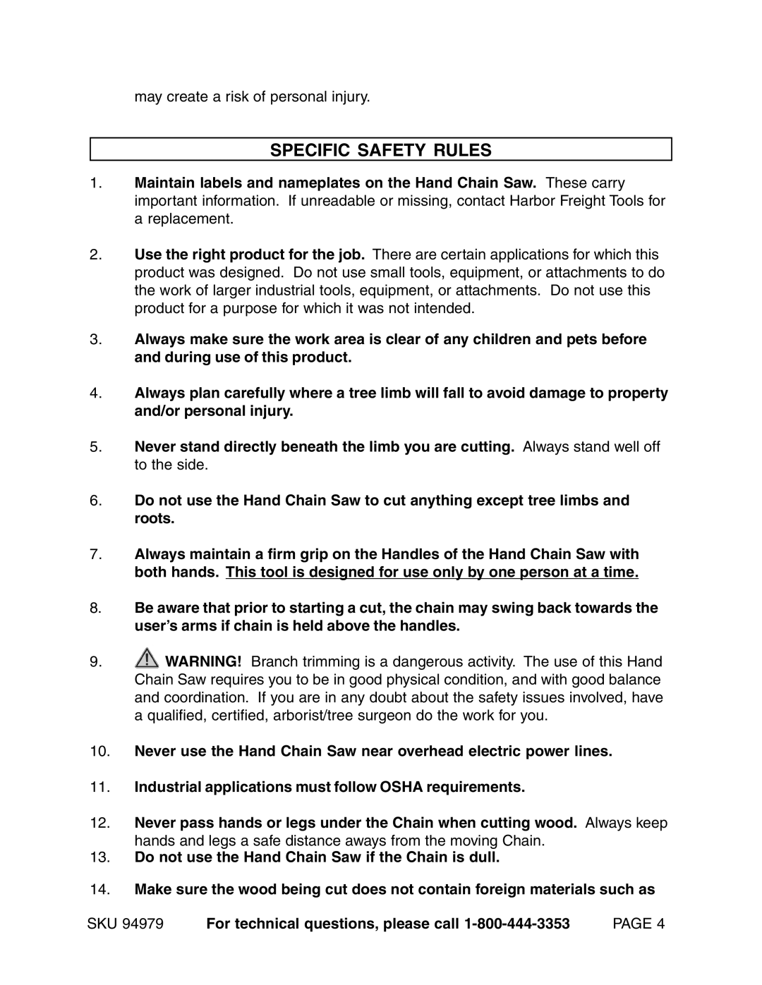 Harbor Freight Tools 94979 manual Specific Safety Rules, Never use the Hand Chain Saw near overhead electric power lines 