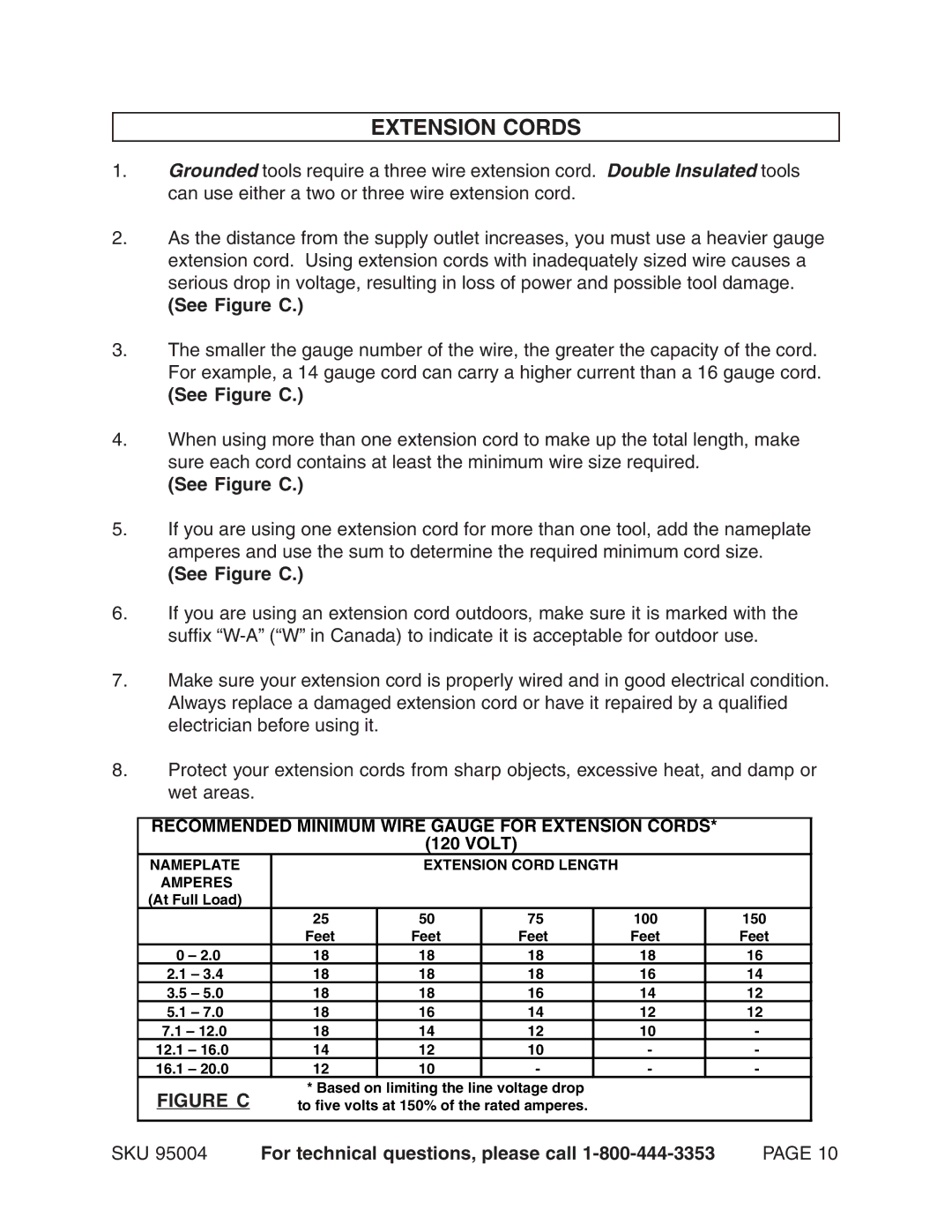 Harbor Freight Tools 95004 operating instructions Extension Cords, See Figure C 