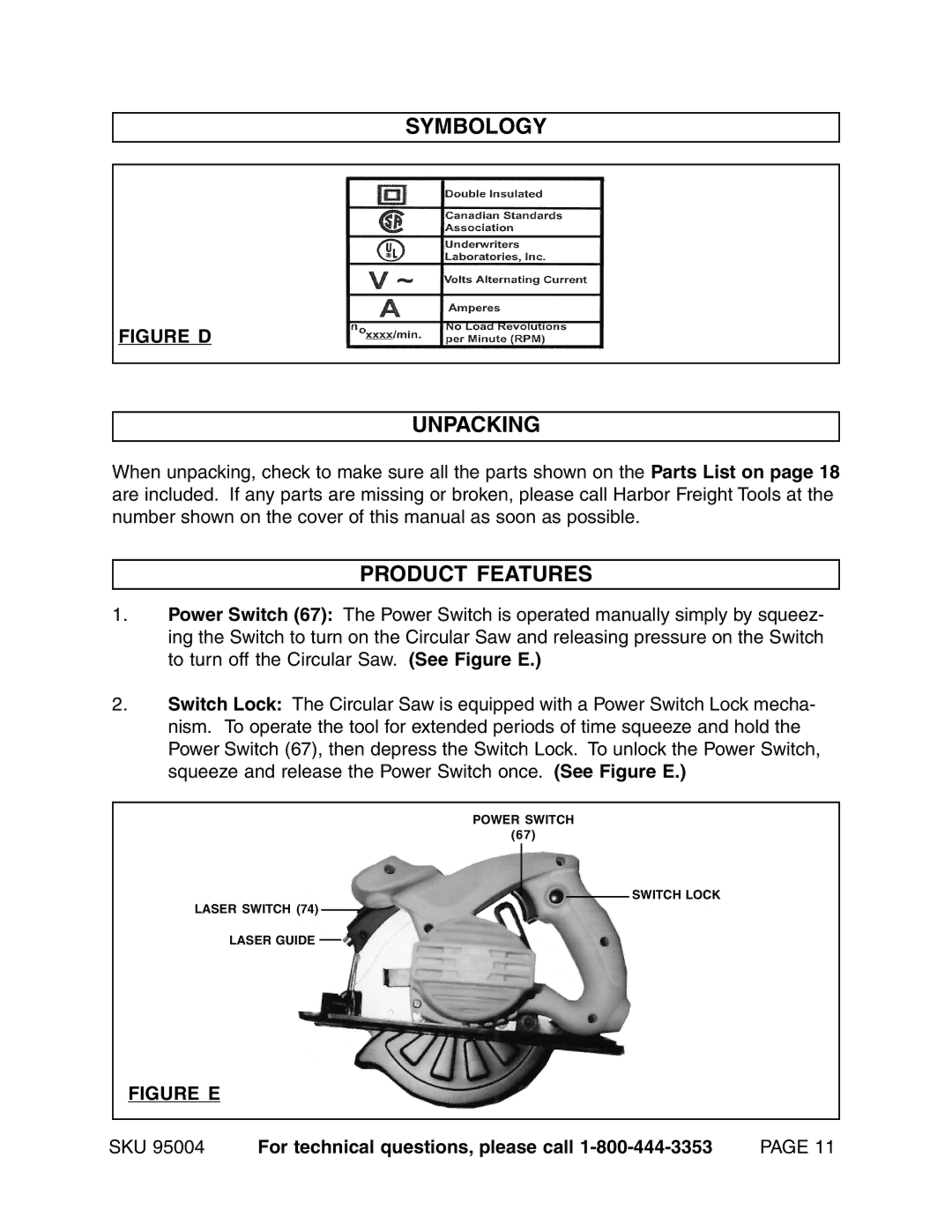 Harbor Freight Tools 95004 operating instructions Symbology, Unpacking, Product Features 