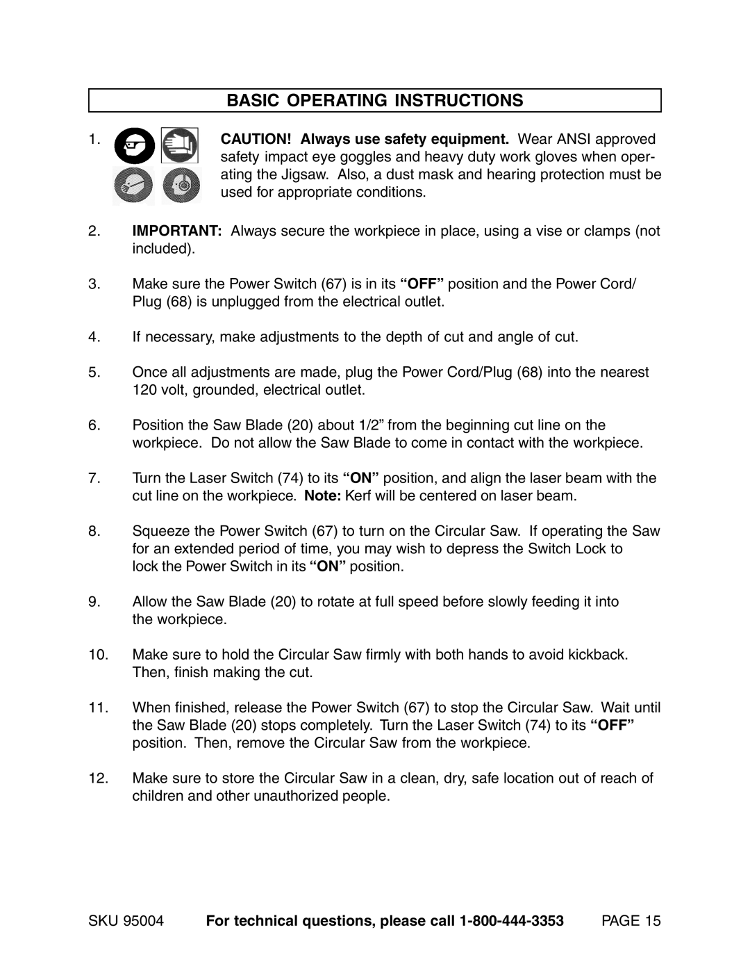 Harbor Freight Tools 95004 operating instructions Basic Operating Instructions 