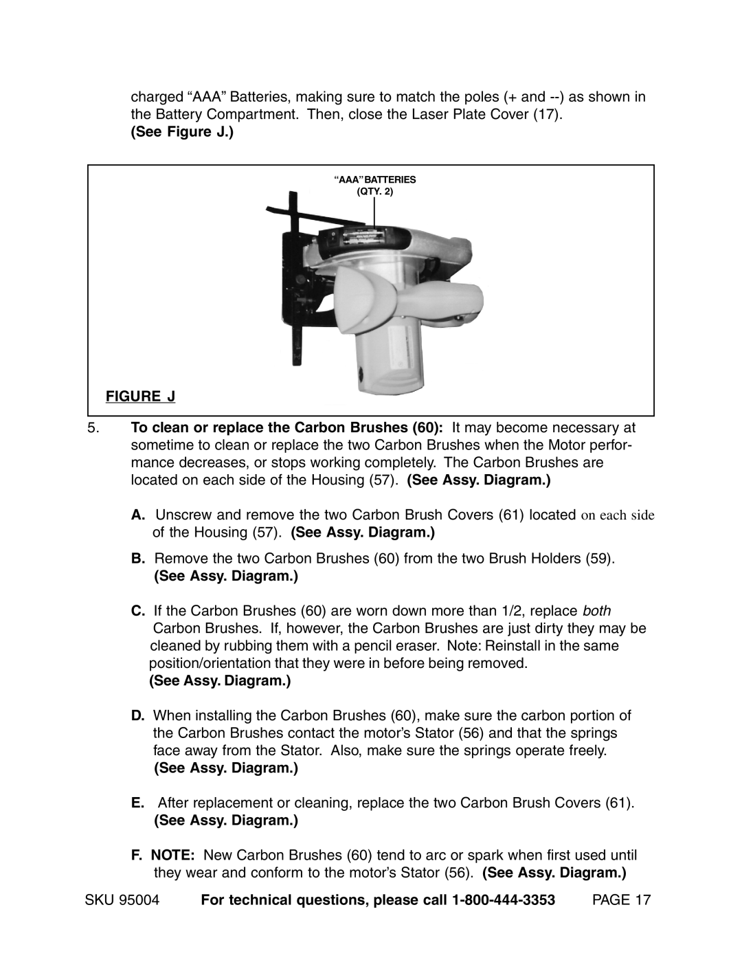 Harbor Freight Tools 95004 See Figure J, See Assy. Diagram SKU For technical questions, please call 