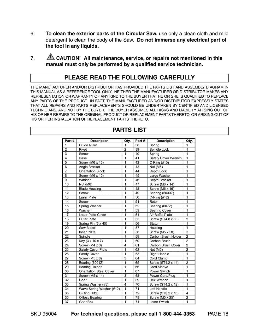 Harbor Freight Tools 95004 operating instructions Please Read the Following Carefully, Parts List 