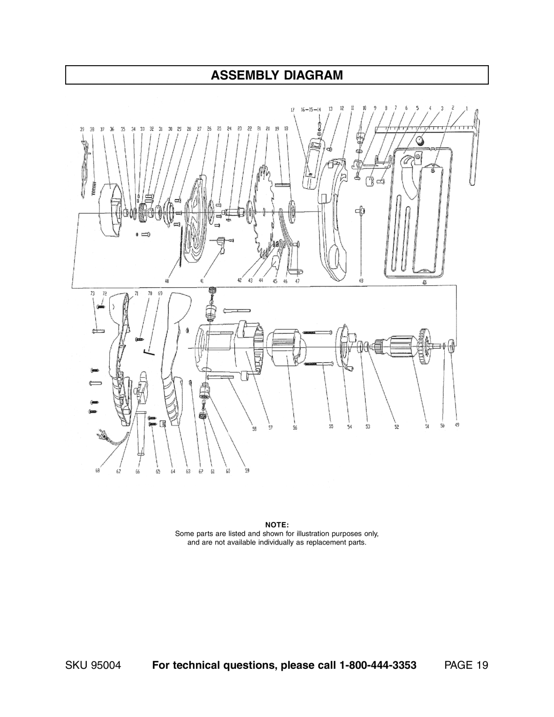 Harbor Freight Tools 95004 operating instructions Assembly Diagram, SKU For technical questions, please call 