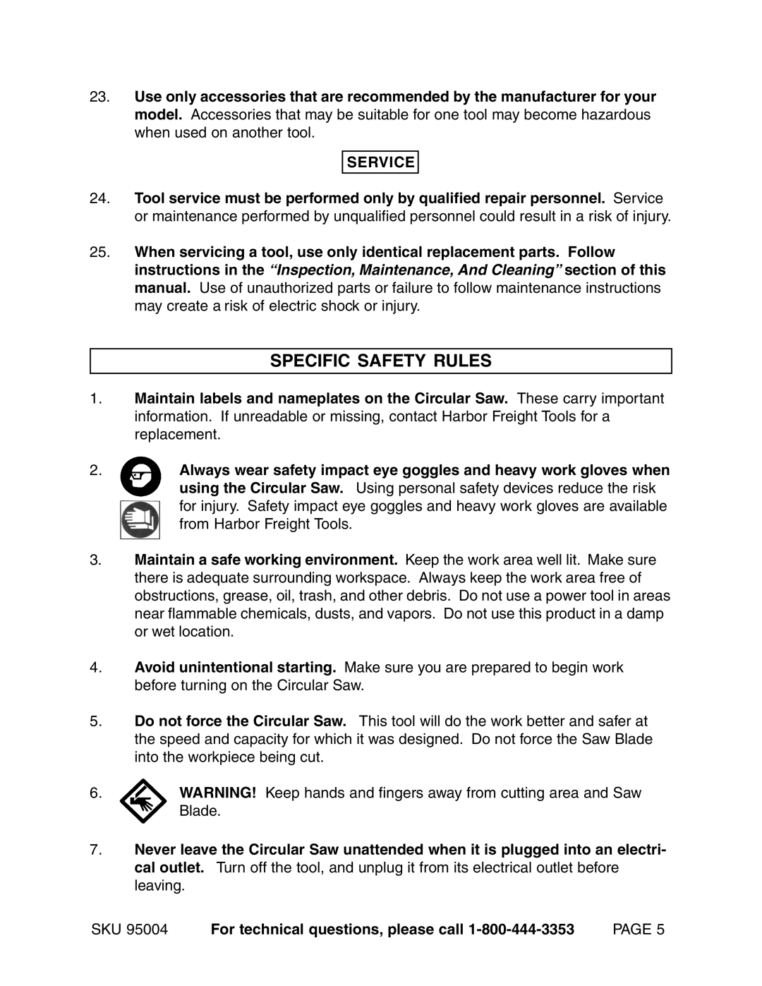 Harbor Freight Tools 95004 operating instructions Specific Safety Rules, Service 