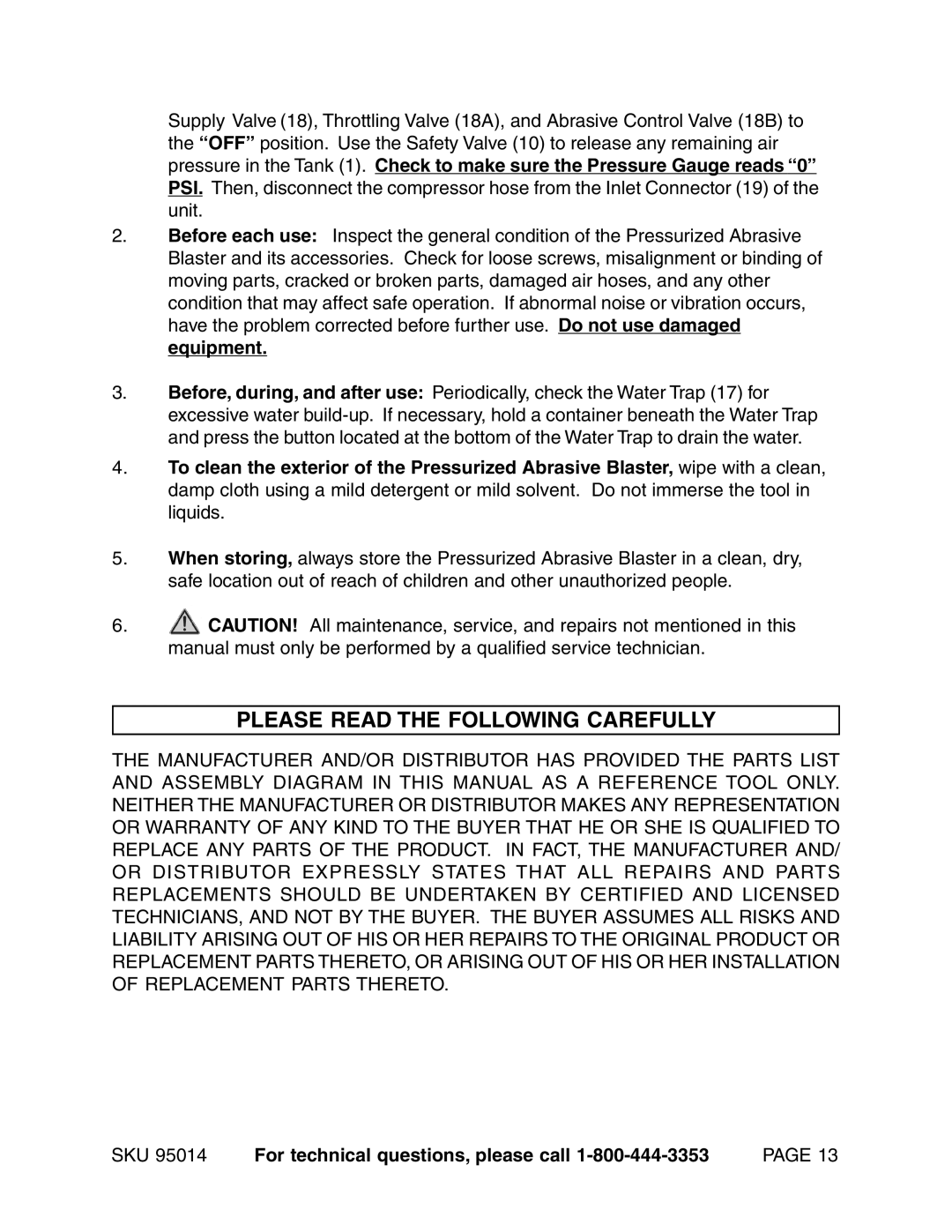 Harbor Freight Tools 95014 operating instructions Please Read the Following Carefully 