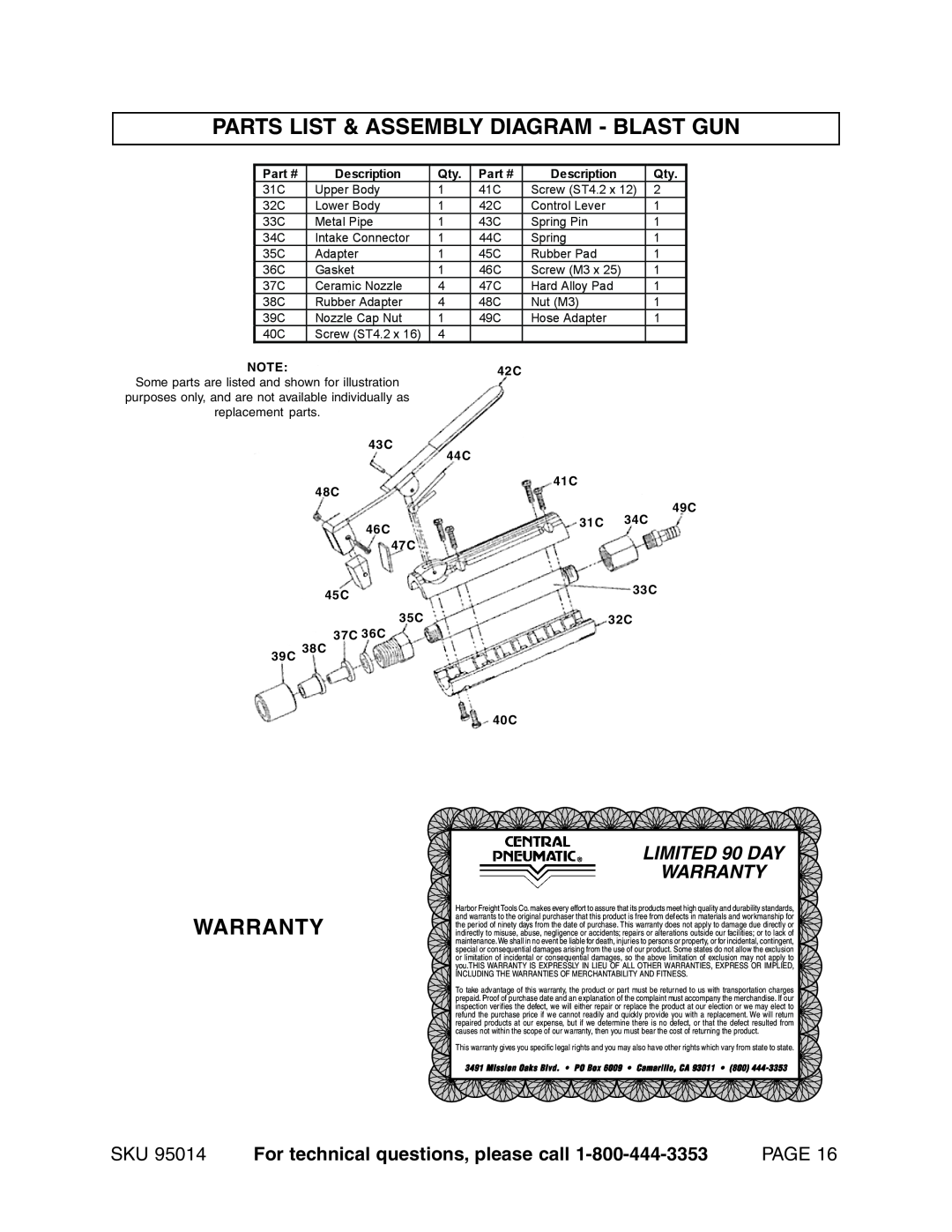 Harbor Freight Tools 95014 Parts List & Assembly Diagram - Blast Gun, Warranty, LIMITED 90 DAY WARRANTY, Page, Description 