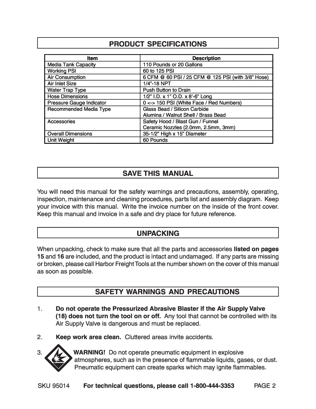 Harbor Freight Tools 95014 Product Specifications, Save This Manual, Unpacking, Safety Warnings And Precautions 