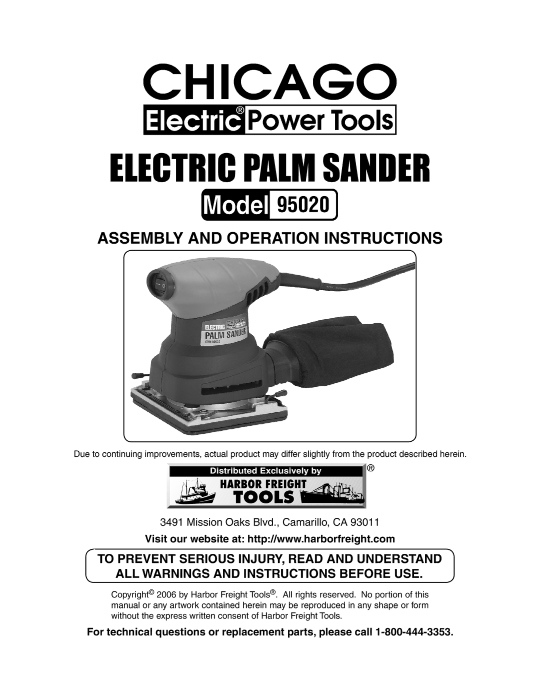 Harbor Freight Tools 95020 manual Electric Palm Sander, For technical questions or replacement parts, please call 