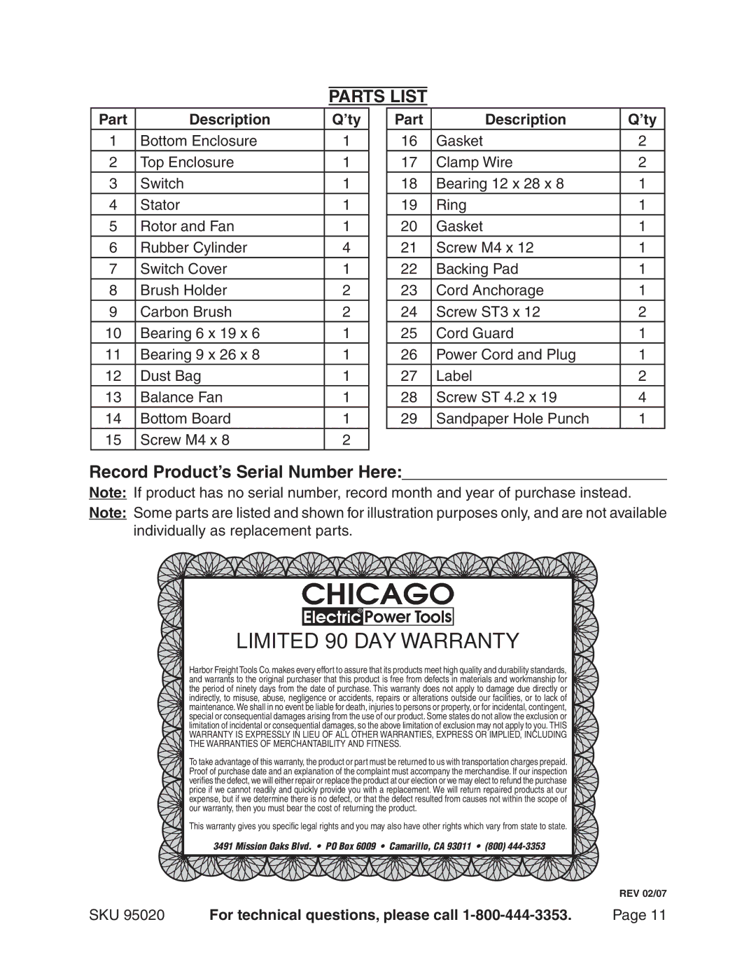 Harbor Freight Tools 95020 manual Parts List, Record Product’s Serial Number Here, Part Description ’ty 