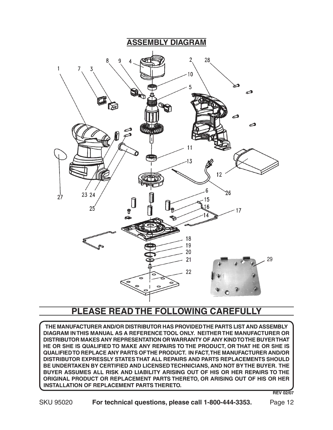 Harbor Freight Tools 95020 manual Please Read the Following Carefully, Assembly Diagram 