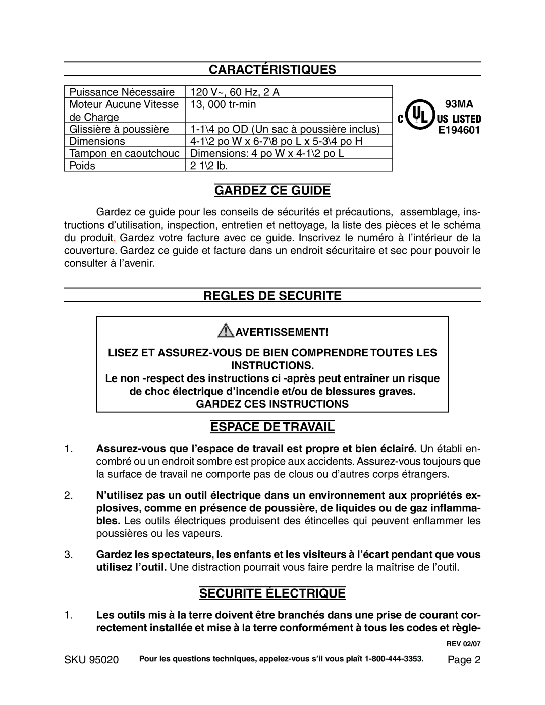 Harbor Freight Tools 95020 Caractéristiques, Gardez CE Guide, Regles DE Securite, Espace DE Travail, Securite Électrique 