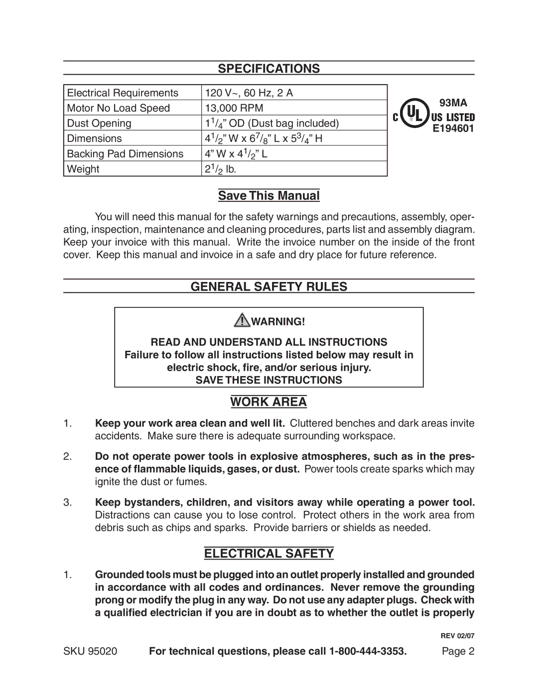 Harbor Freight Tools 95020 manual Specifications, Save This Manual, General Safety Rules, Work Area, Electrical Safety 