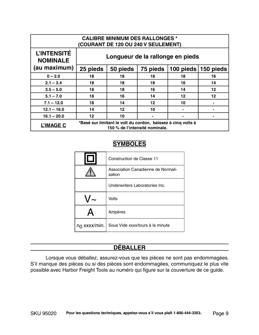 Harbor Freight Tools 95020 manual ’Intensité, Longueur de la rallonge en pieds, Pieds, Symboles, Déballer 