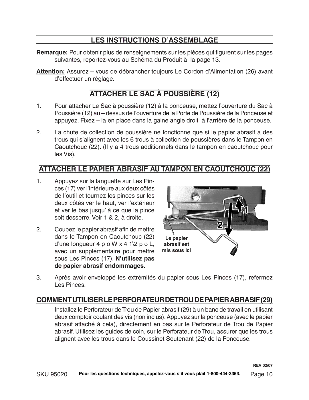 Harbor Freight Tools 95020 manual LES Instructions D’ASSEMBLAGE, Attacher LE SAC À Poussière 