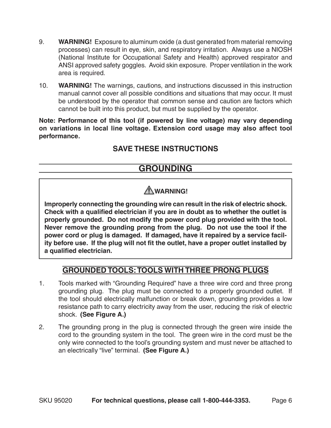 Harbor Freight Tools 95020 manual Grounding, Grounded Tools Tools With Three Prong Plugs 