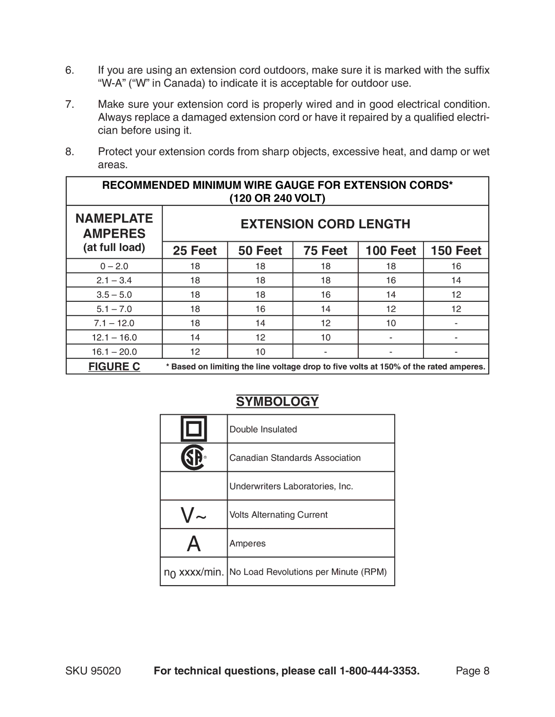 Harbor Freight Tools 95020 manual Nameplate Extension Cord Length, Feet, Symbology, 120 or 240 Volt, At full load 