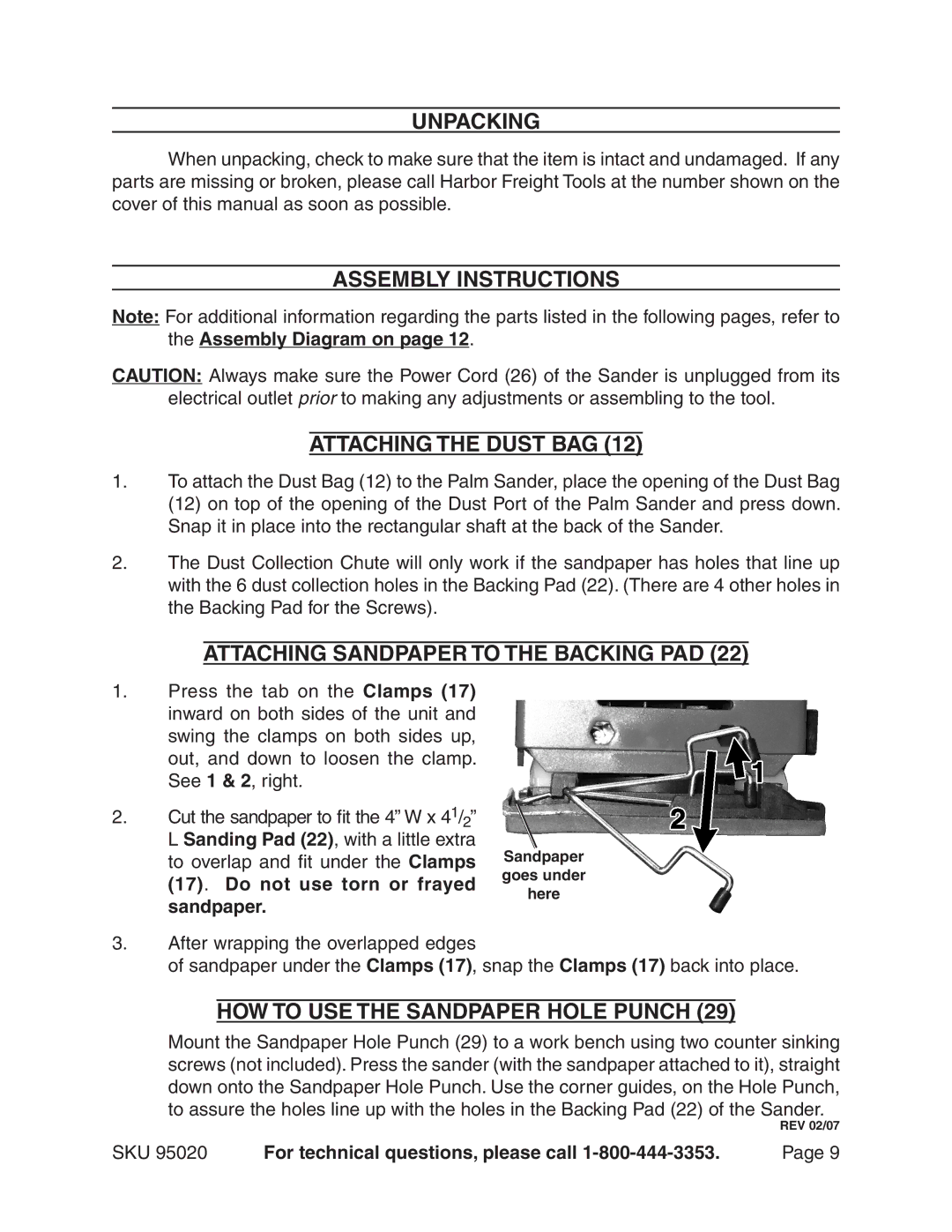 Harbor Freight Tools 95020 Unpacking, Assembly Instructions Attaching the Dust BAG, Attaching Sandpaper to the Backing PAD 