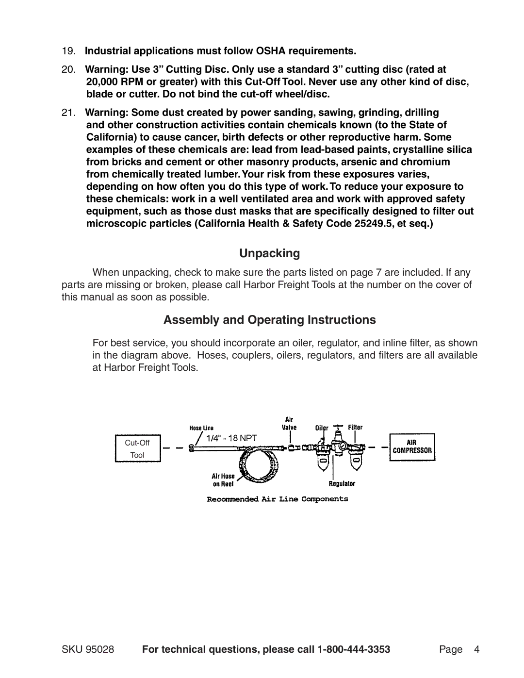 Harbor Freight Tools 95028 operating instructions Unpacking, Assembly and Operating Instructions 