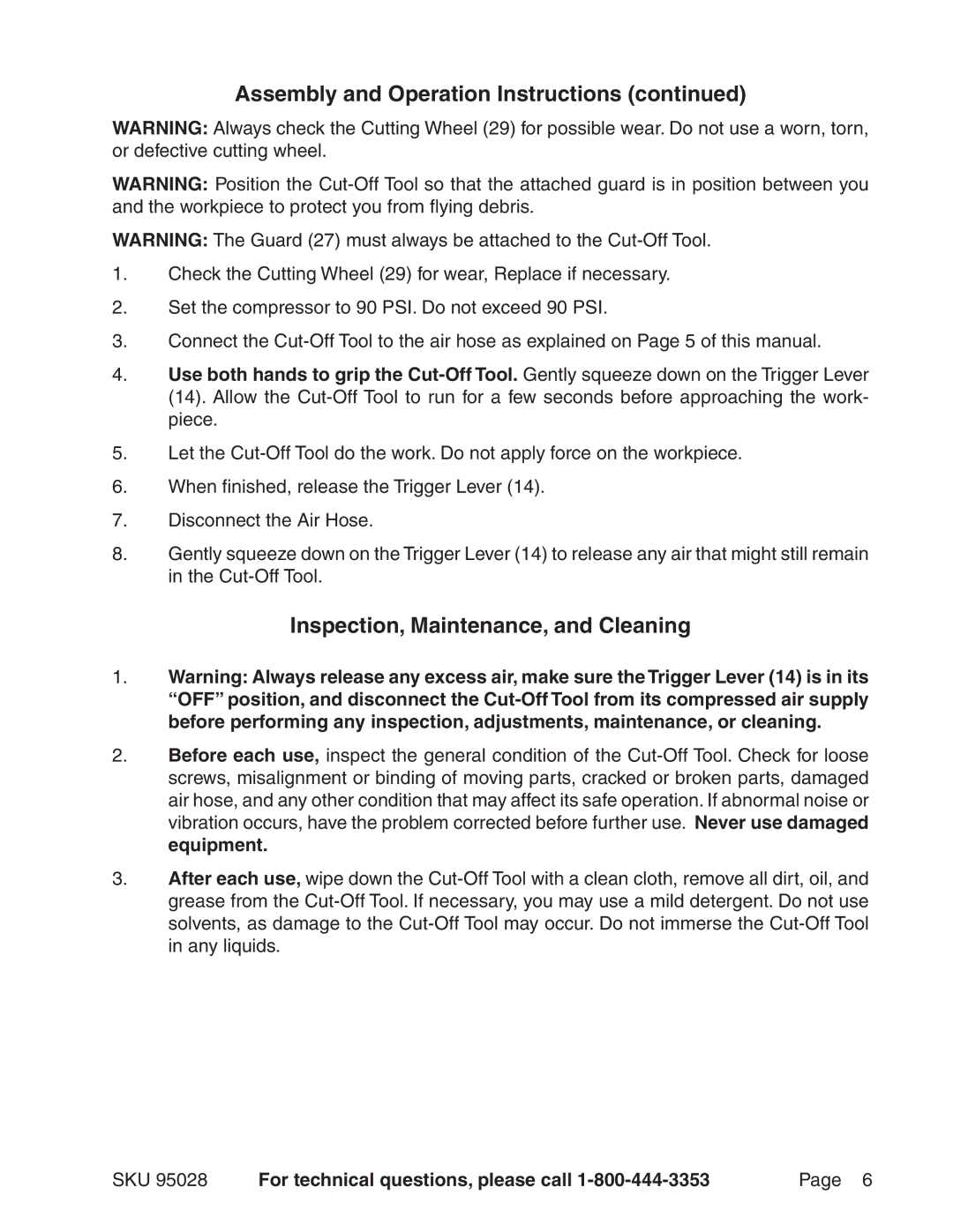 Harbor Freight Tools 95028 operating instructions Inspection, Maintenance, and Cleaning 