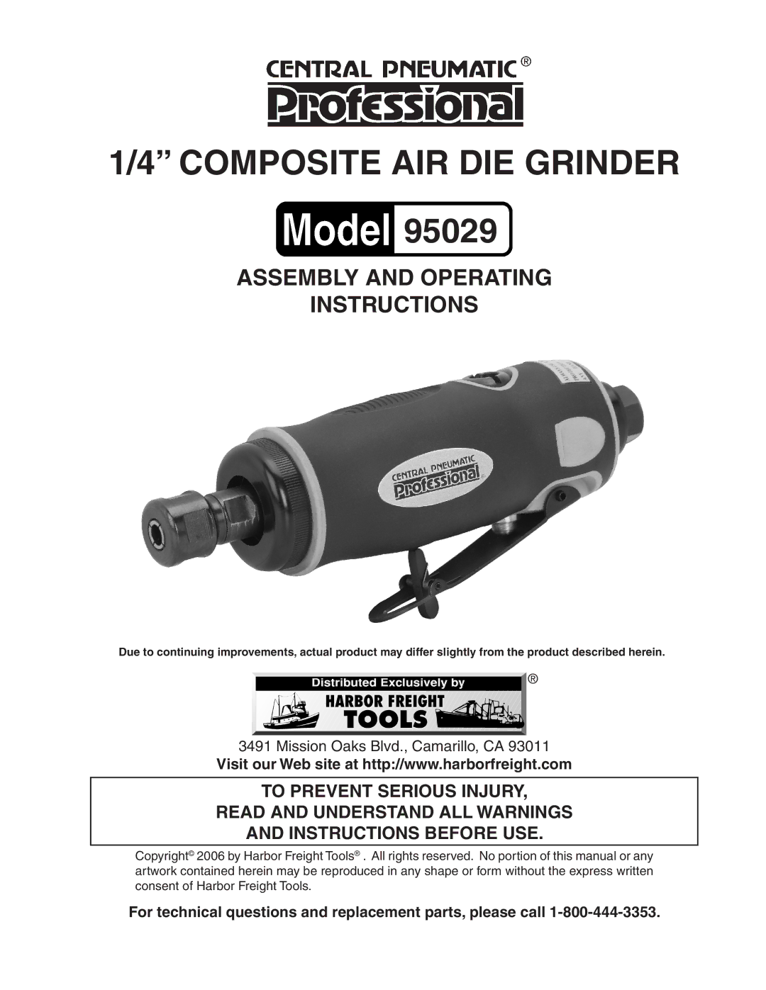 Harbor Freight Tools 95029 operating instructions Composite AIR DIE Grinder 