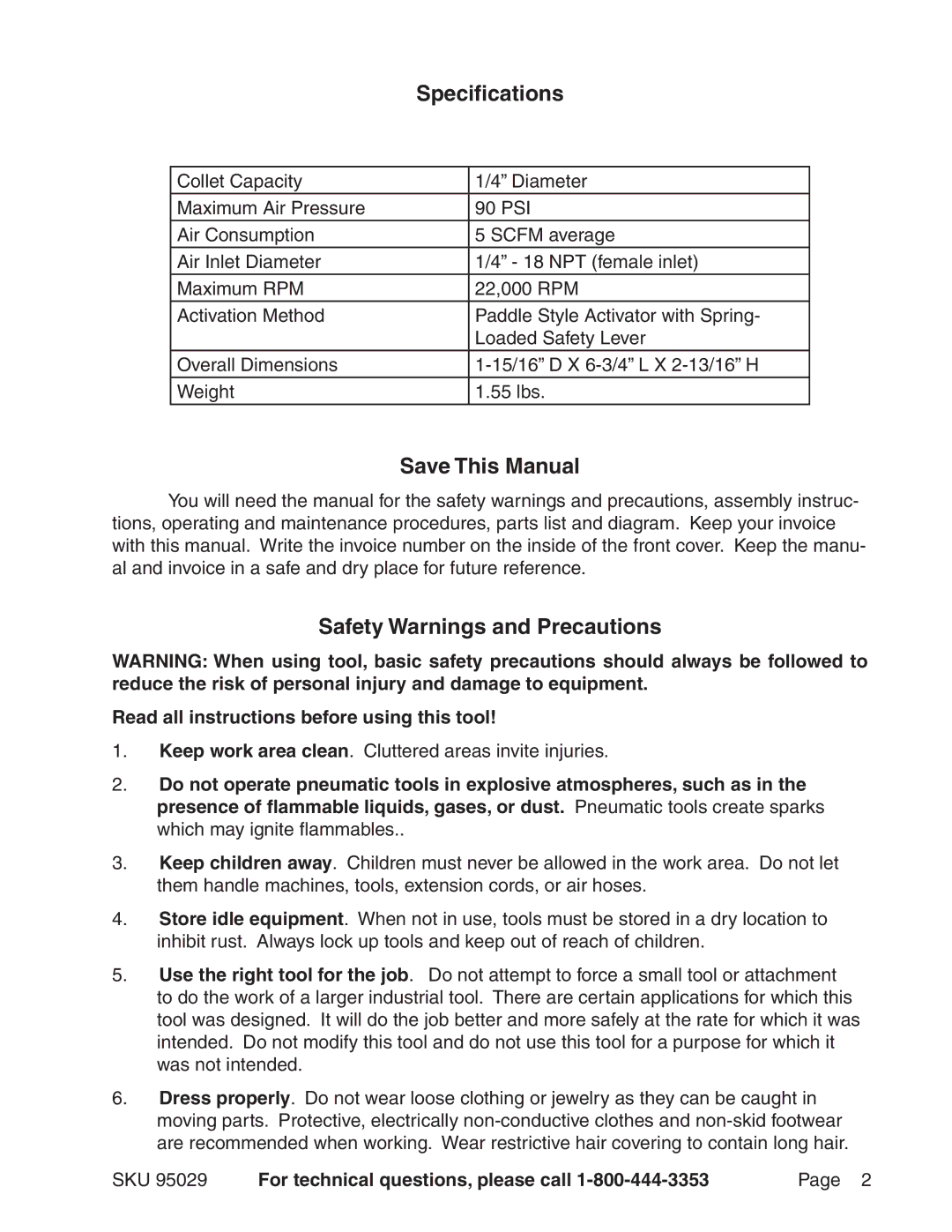 Harbor Freight Tools 95029 operating instructions Specifications, Save This Manual, Safety Warnings and Precautions 