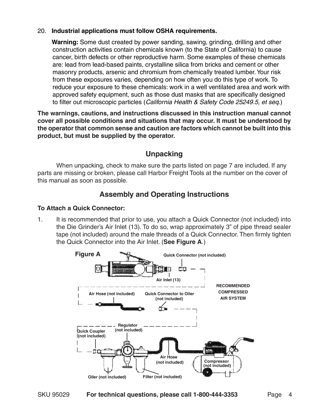 Harbor Freight Tools 95029 Unpacking, Assembly and Operating Instructions, To Attach a Quick Connector 