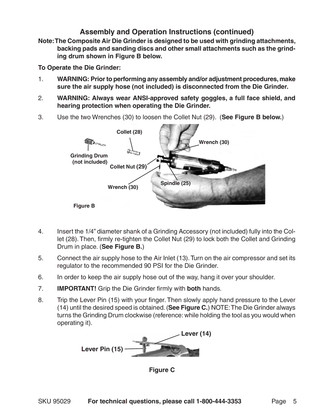 Harbor Freight Tools 95029 Assembly and Operation Instructions, To Operate the Die Grinder, Lever Lever Pin 