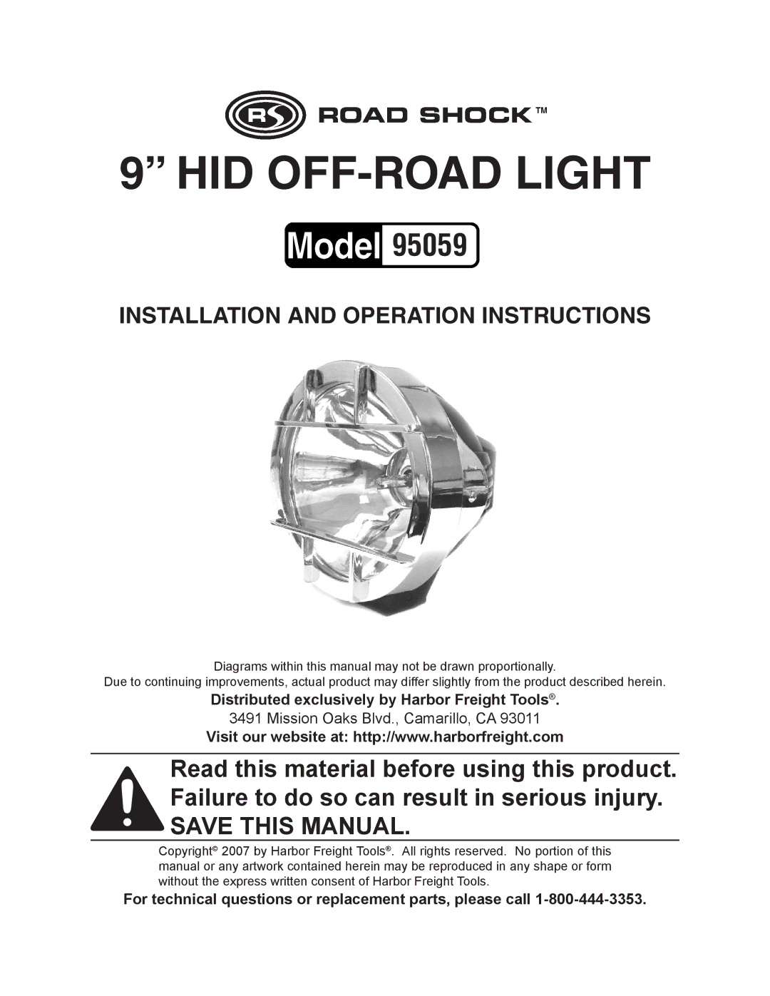 Harbor Freight Tools 95059 manual HID OFF-ROAD Light 