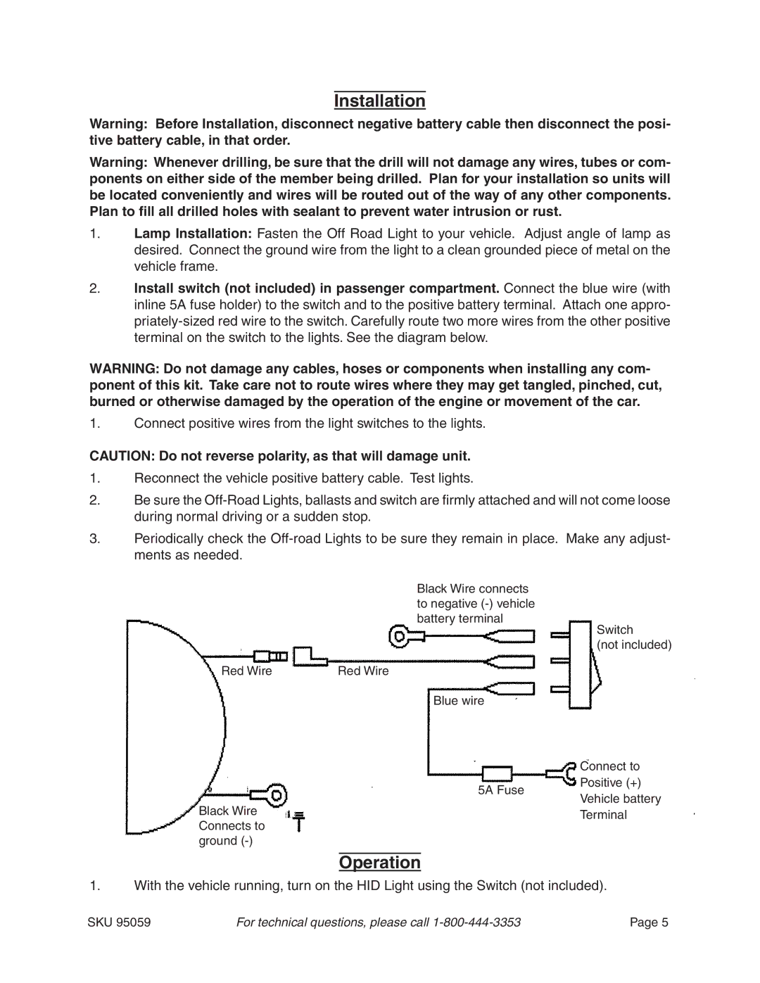 Harbor Freight Tools 95059 manual Installation, Operation 