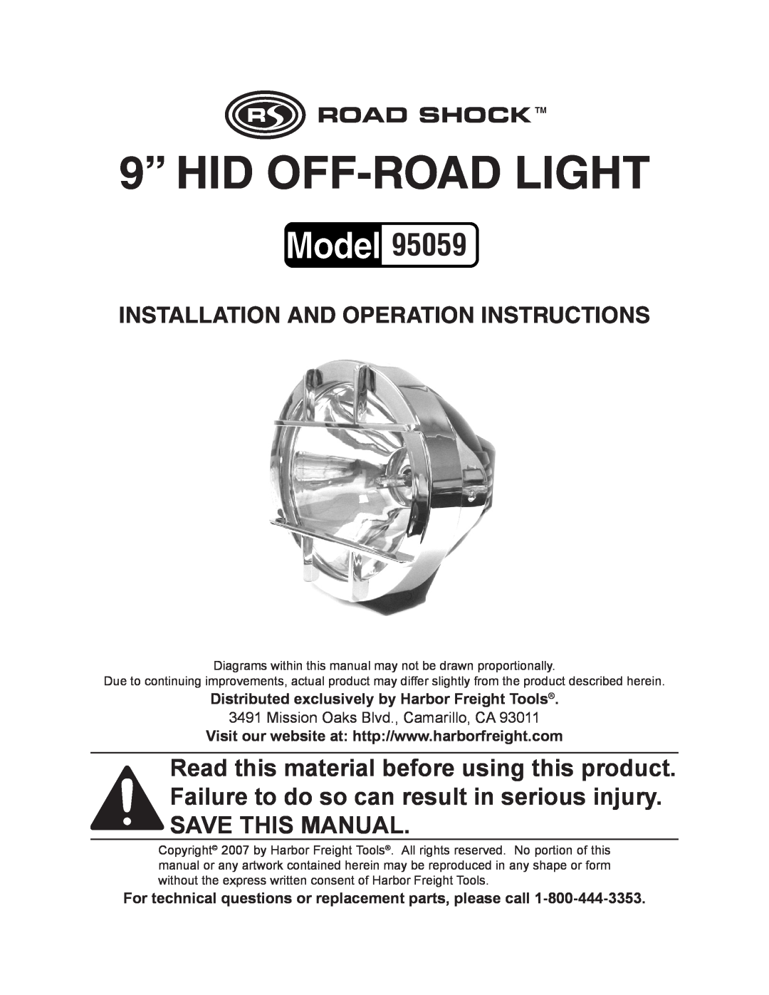 Harbor Freight Tools 95059 manual Distributed exclusively by Harbor Freight Tools, 9” HID OFF-ROADLIGHT 