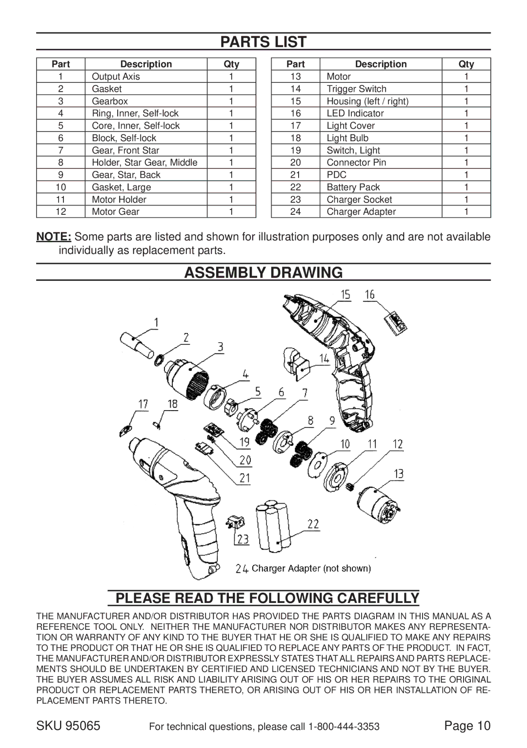 Harbor Freight Tools 95065 operating instructions Parts List, Assembly Drawing 