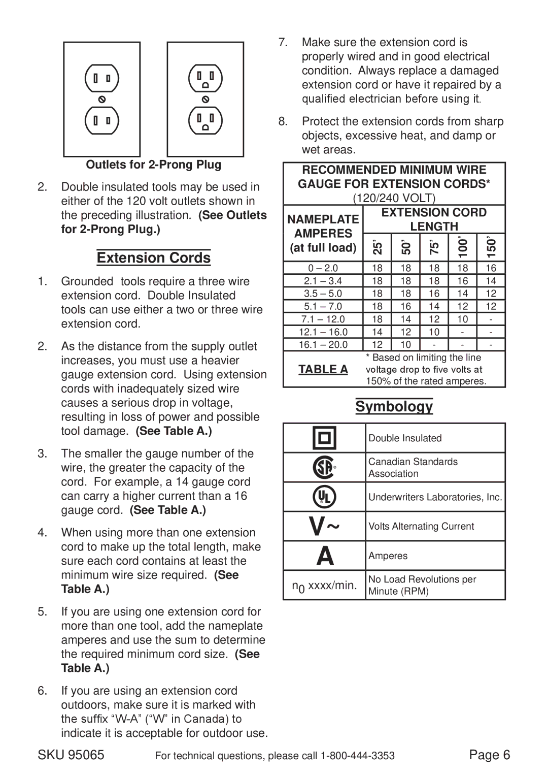 Harbor Freight Tools 95065 operating instructions Extension Cords, Symbology 