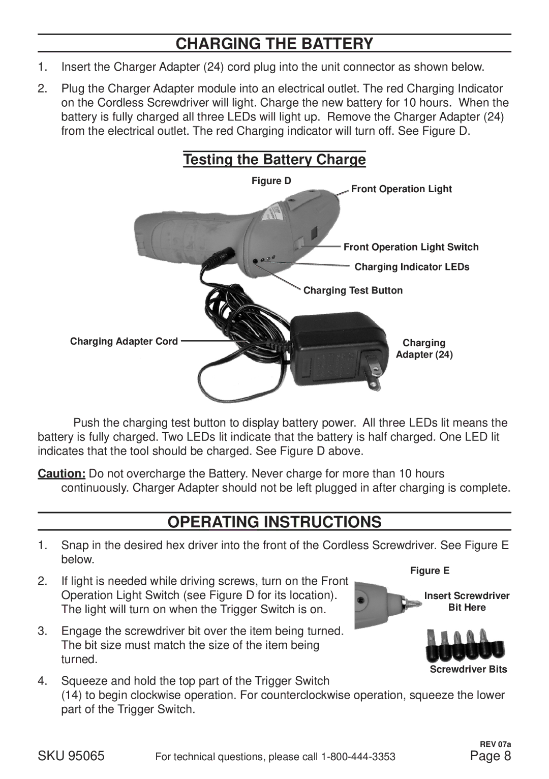 Harbor Freight Tools 95065 operating instructions Charging the Battery, Operating instructions, Testing the Battery Charge 