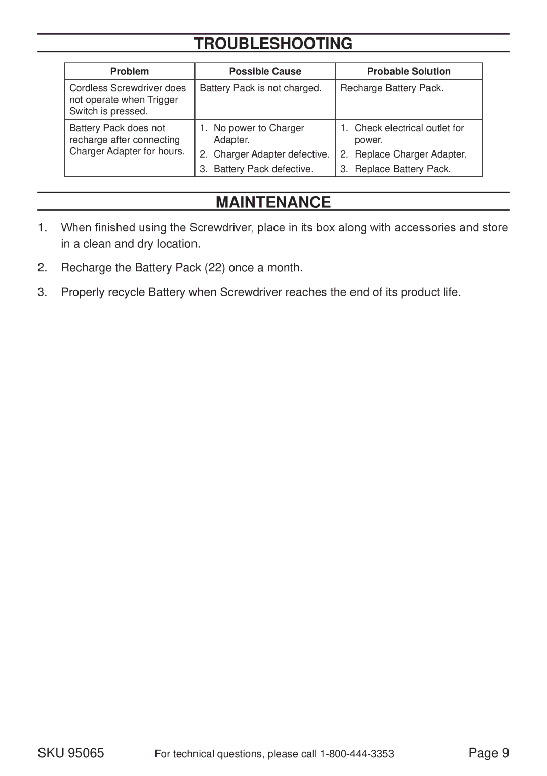 Harbor Freight Tools 95065 operating instructions Troubleshooting, Maintenance 